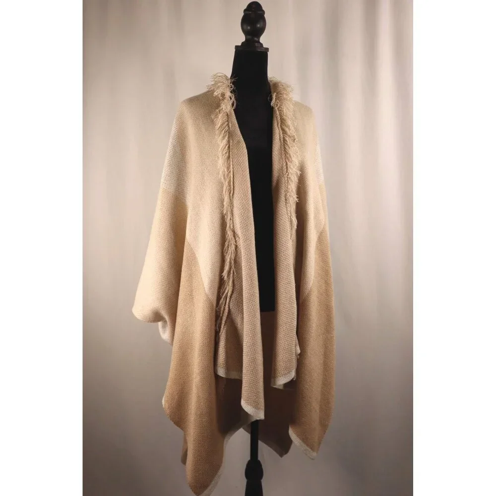 C Cozy Beige Color Block Open Front Poncho with Fringe Detail Size Large - Picture 2 of 14
